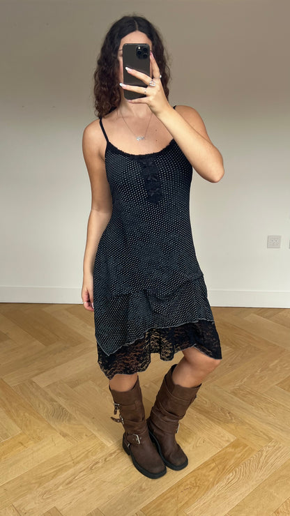 00s black mesh polka dot midi dress- size L/XL