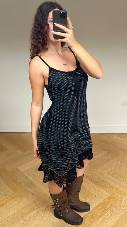 00s black mesh polka dot midi dress- size L/XL