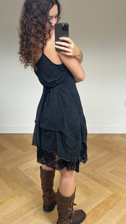 00s black mesh polka dot midi dress- size L/XL