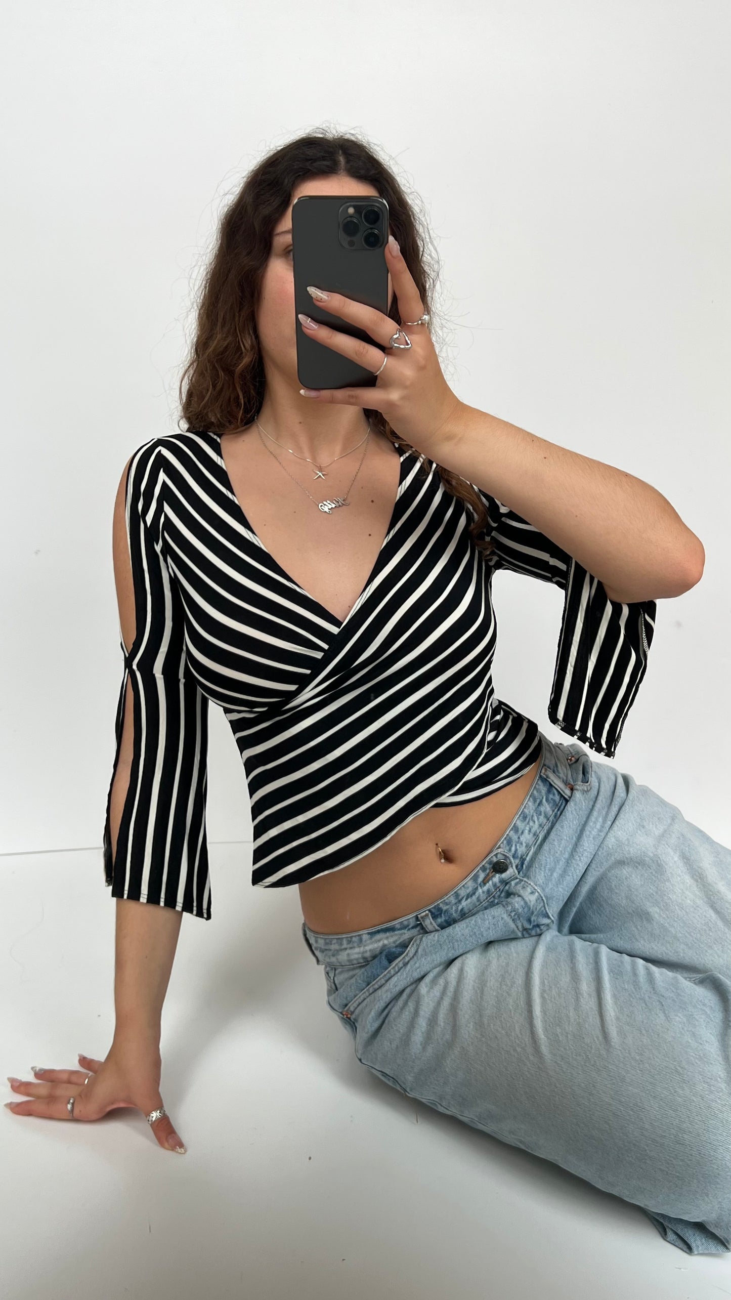 00s black white striped top- size M