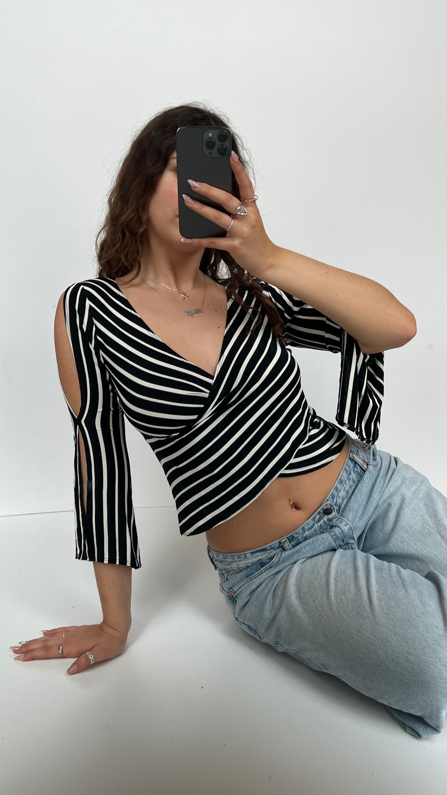 00s black white striped top- size M