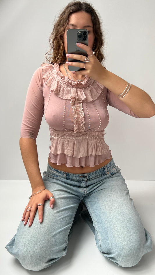 00s pink mesh ruffle long sleeve top- size S