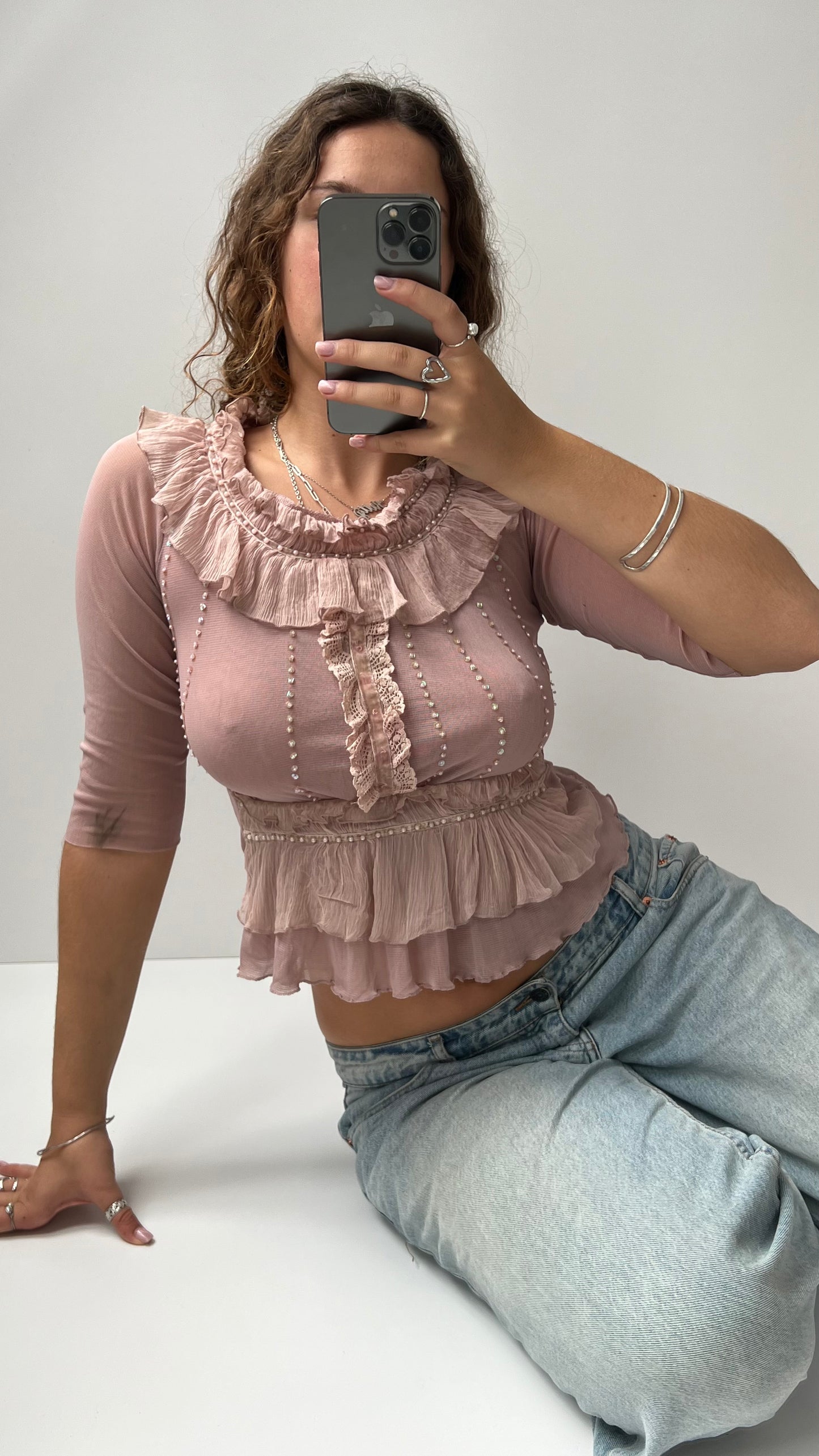 00s pink mesh ruffle long sleeve top- size S