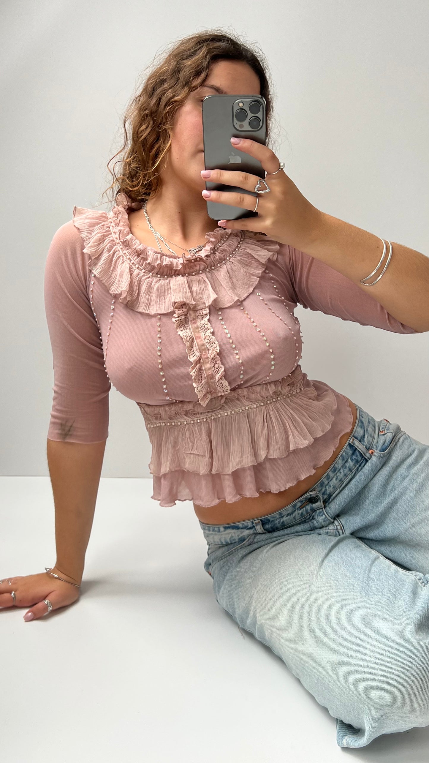 00s pink mesh ruffle long sleeve top- size S