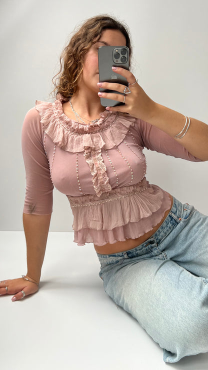 00s pink mesh ruffle long sleeve top- size S