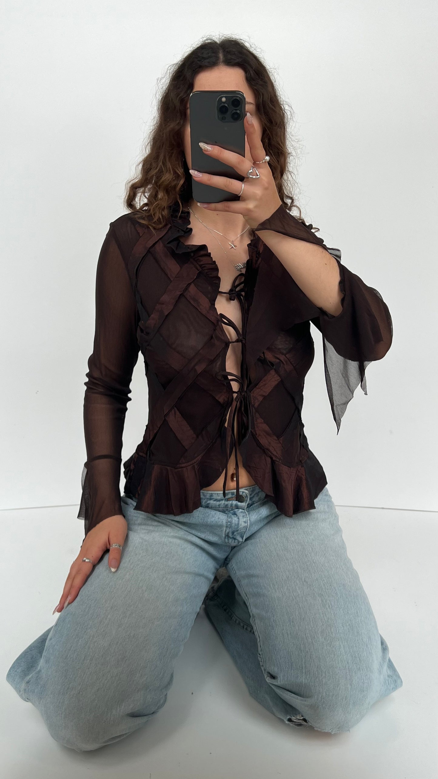 00s brown mesh ruffle shirt- size M