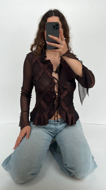 00s brown mesh ruffle shirt- size M