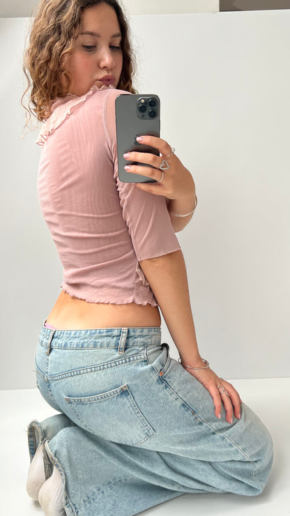 00s pink mesh ruffle long sleeve top- size S