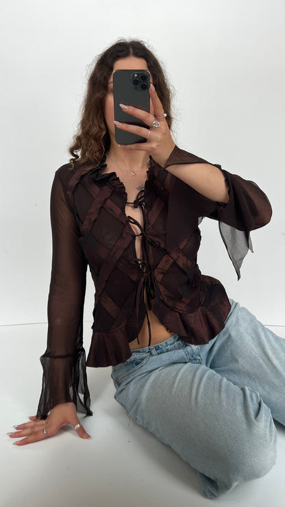 00s brown mesh ruffle shirt- size M