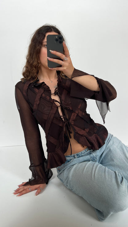 00s brown mesh ruffle shirt- size M