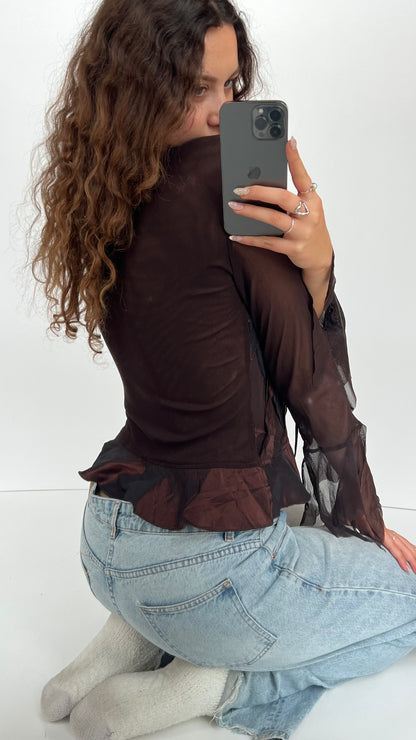 00s brown mesh ruffle shirt- size M