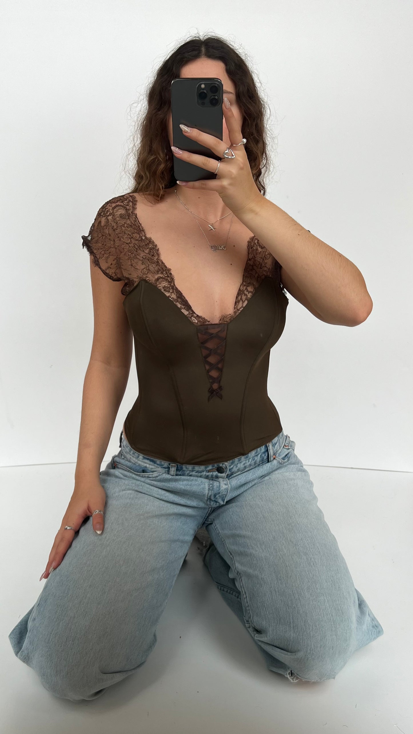 00s brown lace corset top- size S