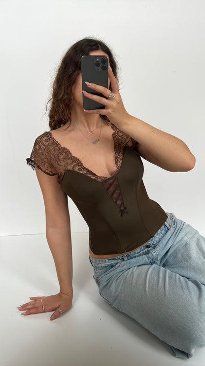 00s brown lace corset top- size S