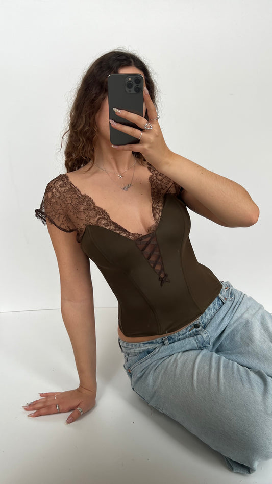00s brown lace corset top- size S