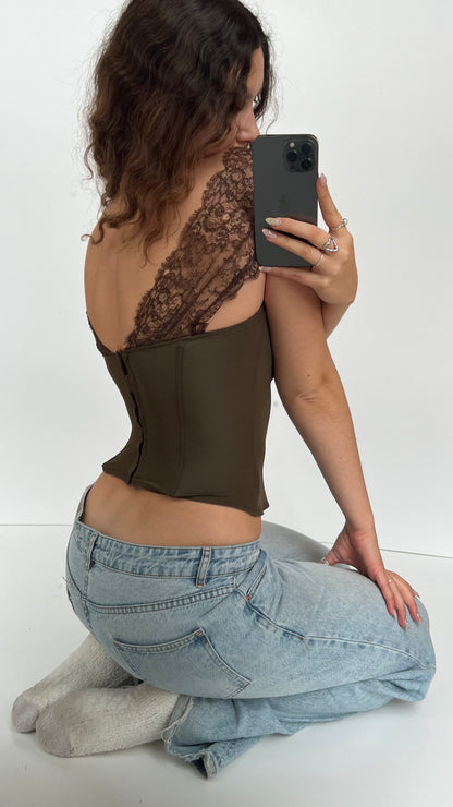 00s brown lace corset top- size S