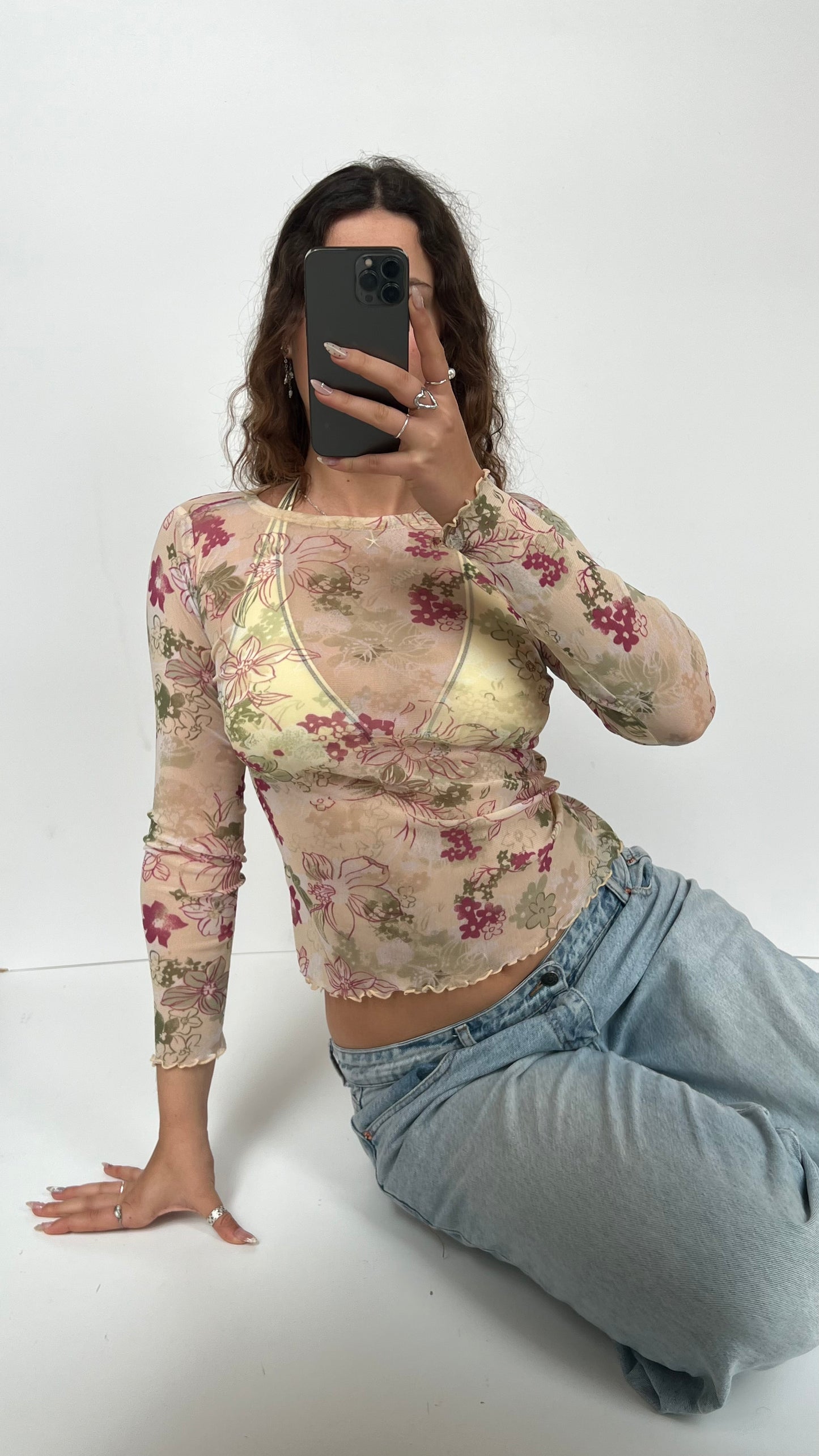 00s cream floral long sleeve top- size M