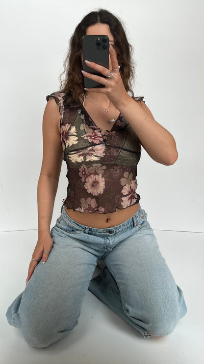 00s brown floral silk cami- size XS