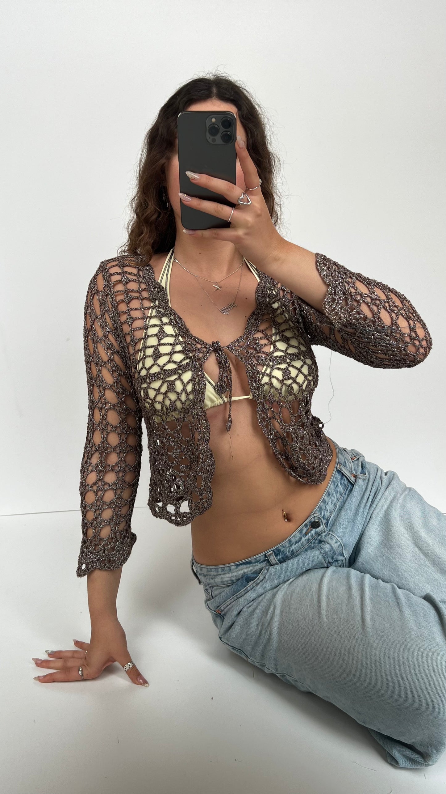 00s brown crochet cardigan- size M