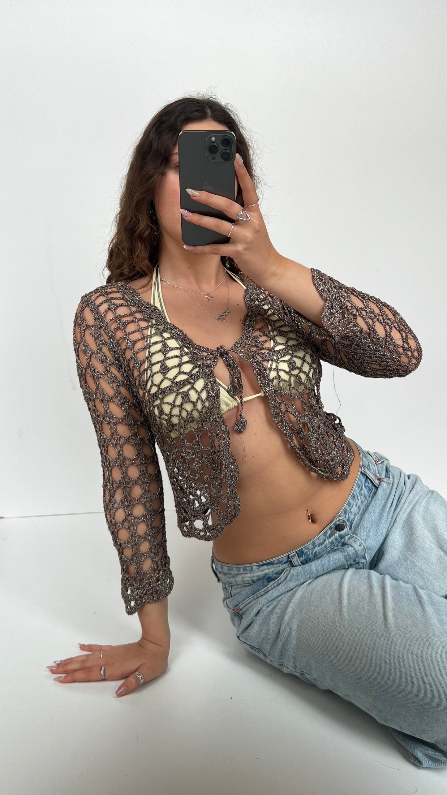 00s brown crochet cardigan- size M