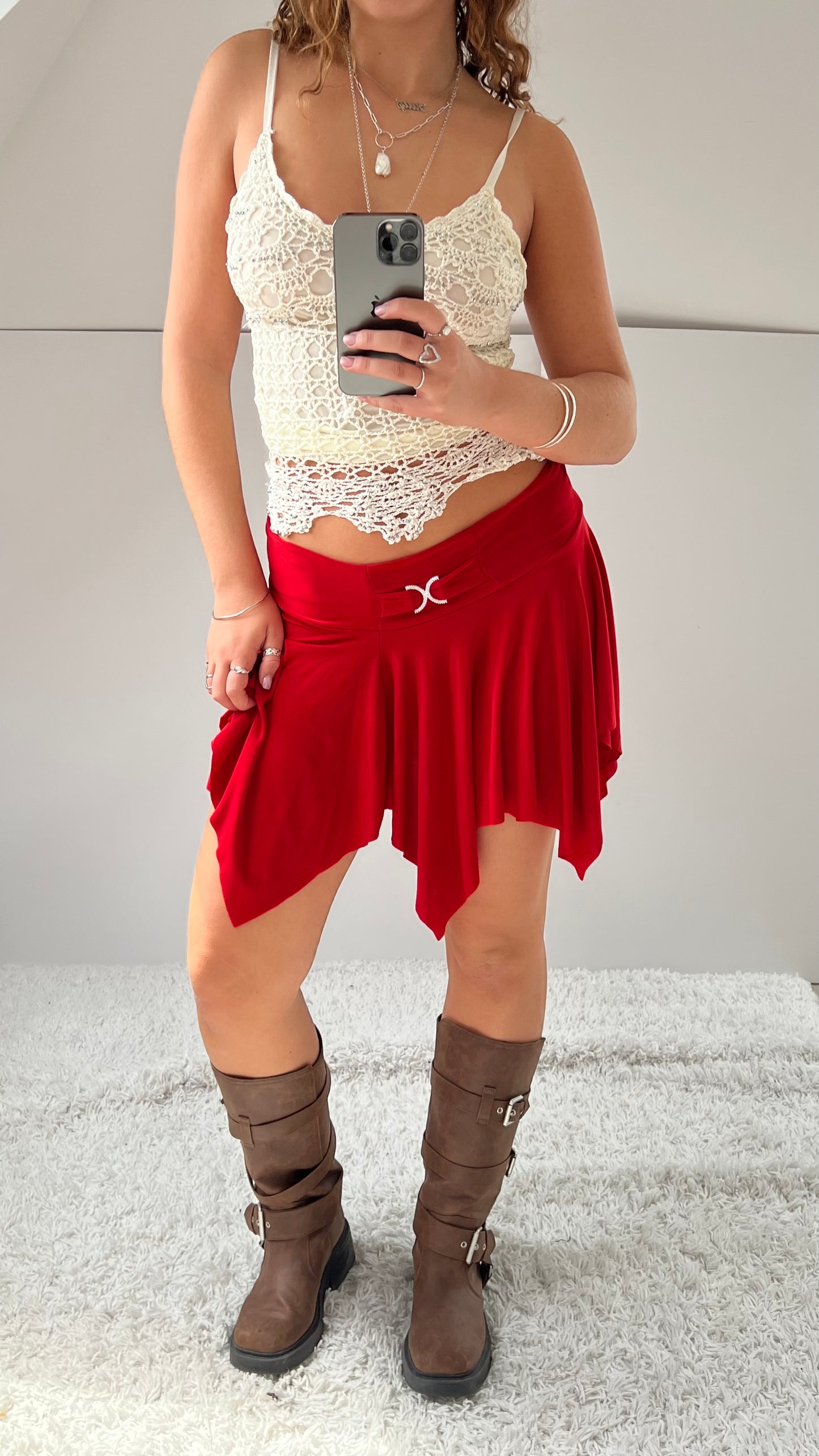 00s red slinky mini skirt- size S/M