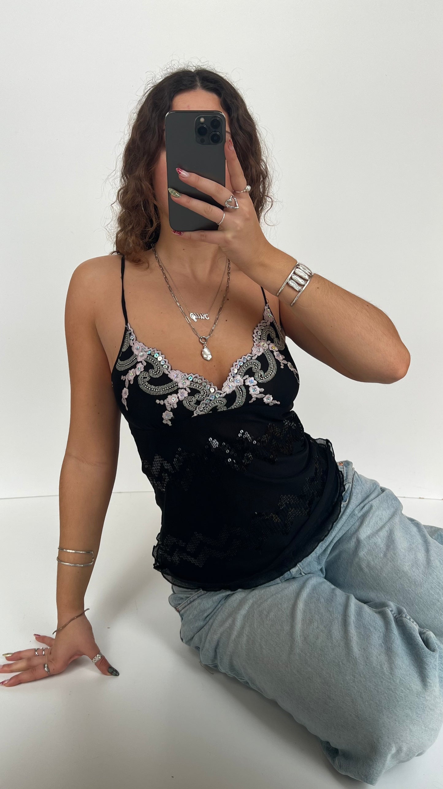 00s black mesh sequin cami- size M