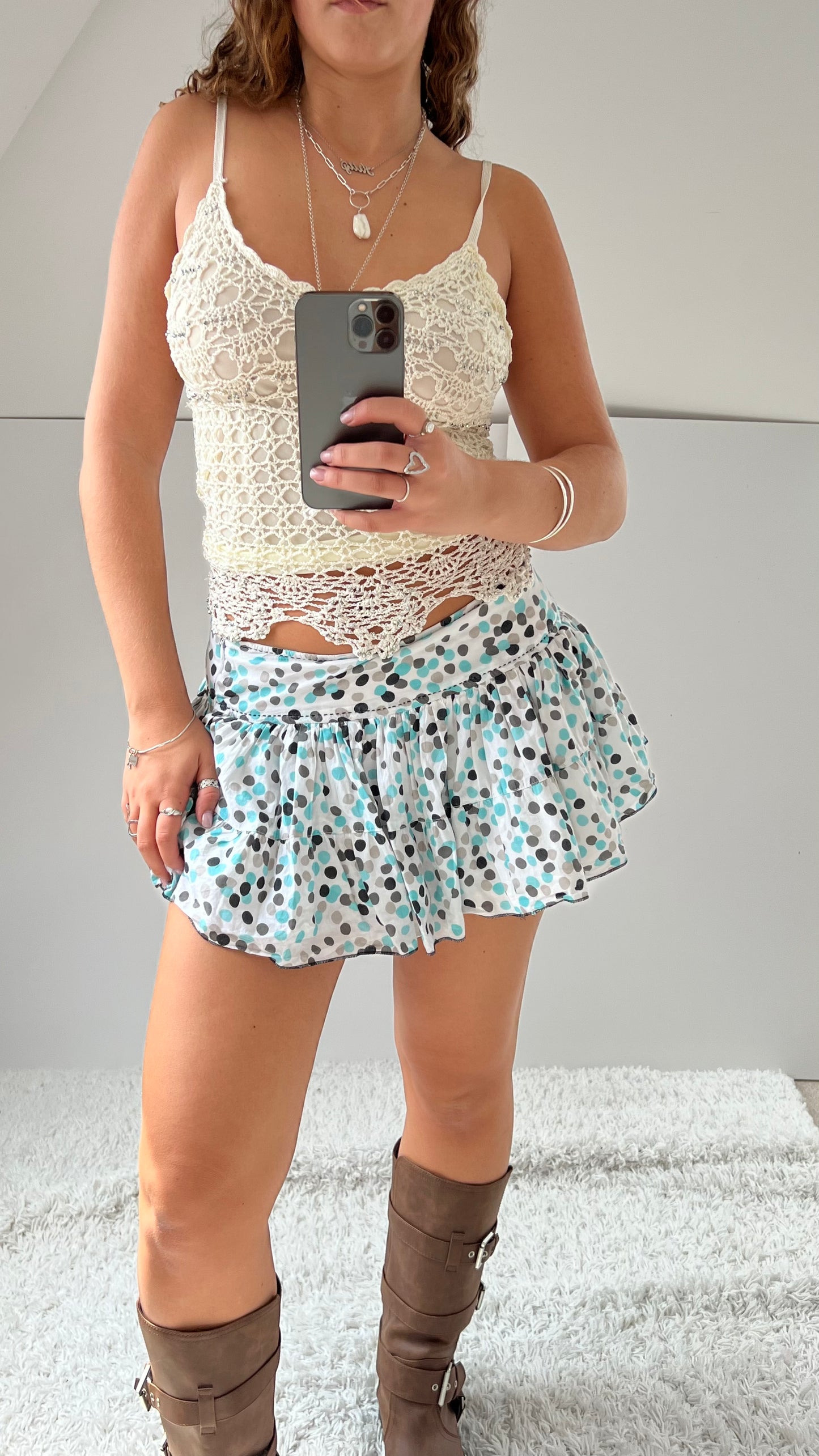 00s blue polka dot mini skirt- size S