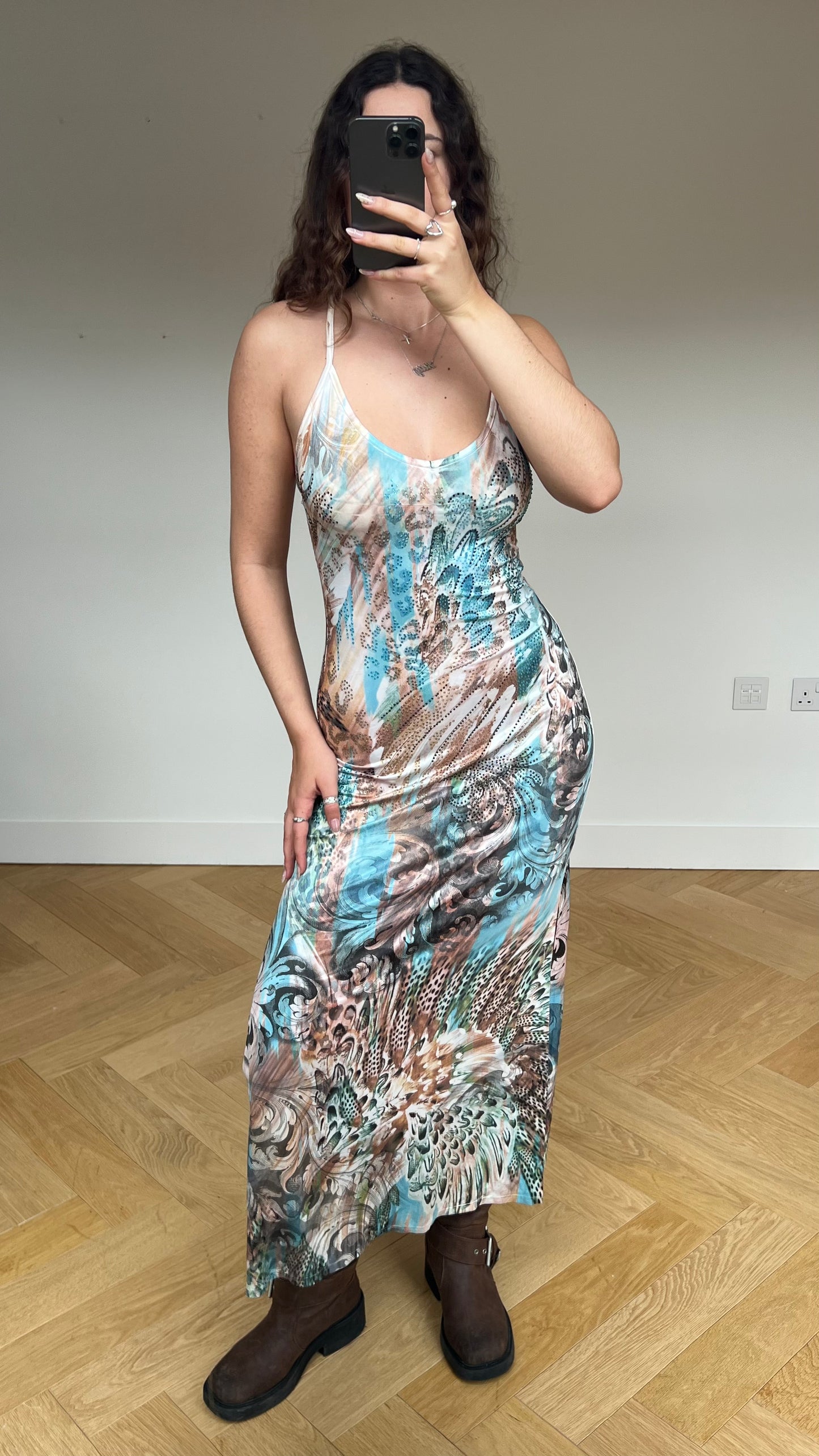00s blue patterned maxi dress- size M