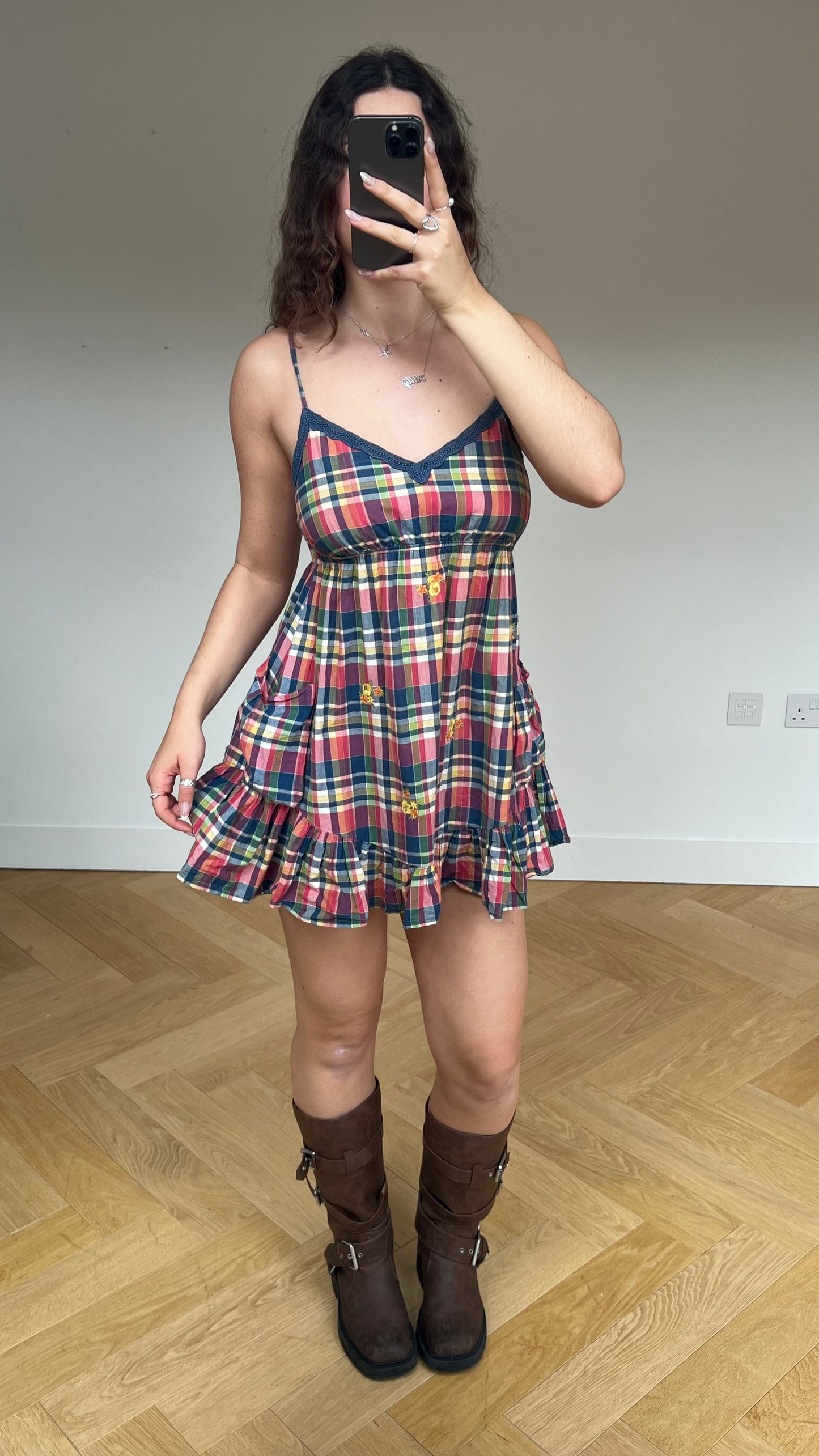 00s red plaid mini dress- size M