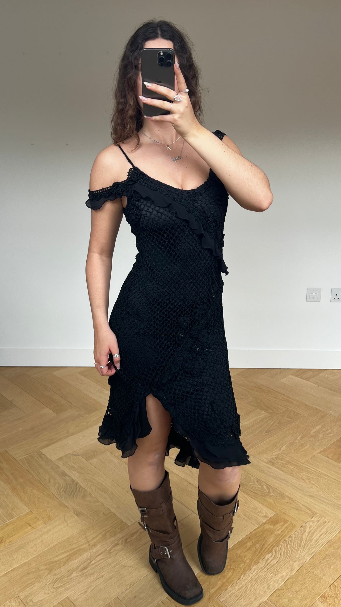 00s black crochet midi dress- size S