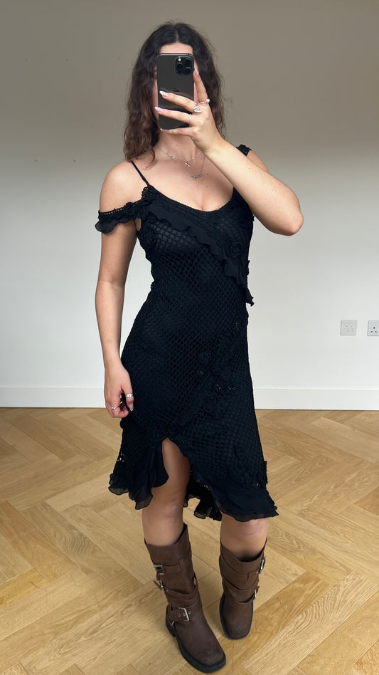00s black crochet midi dress- size S