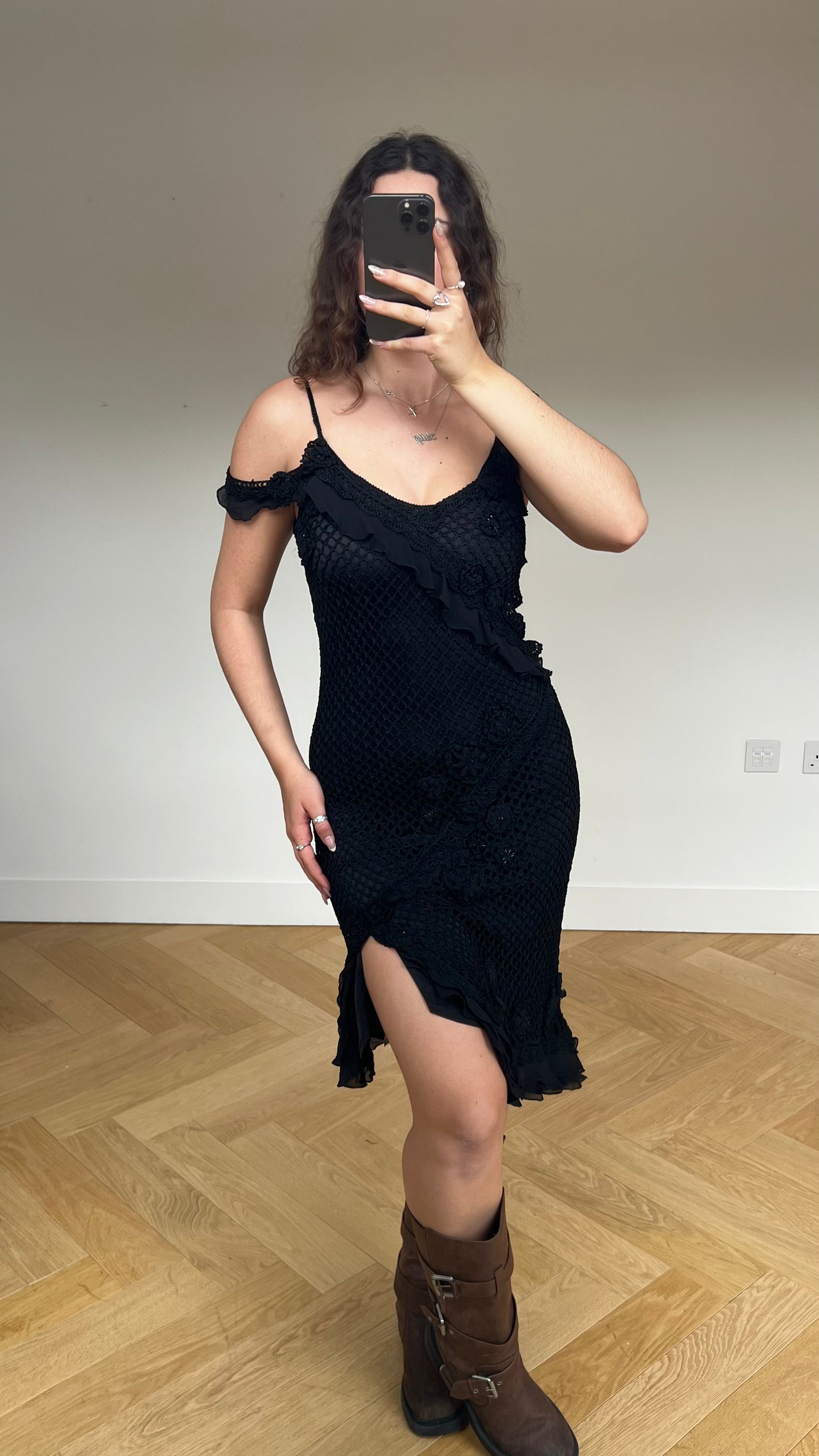 00s black crochet midi dress- size S