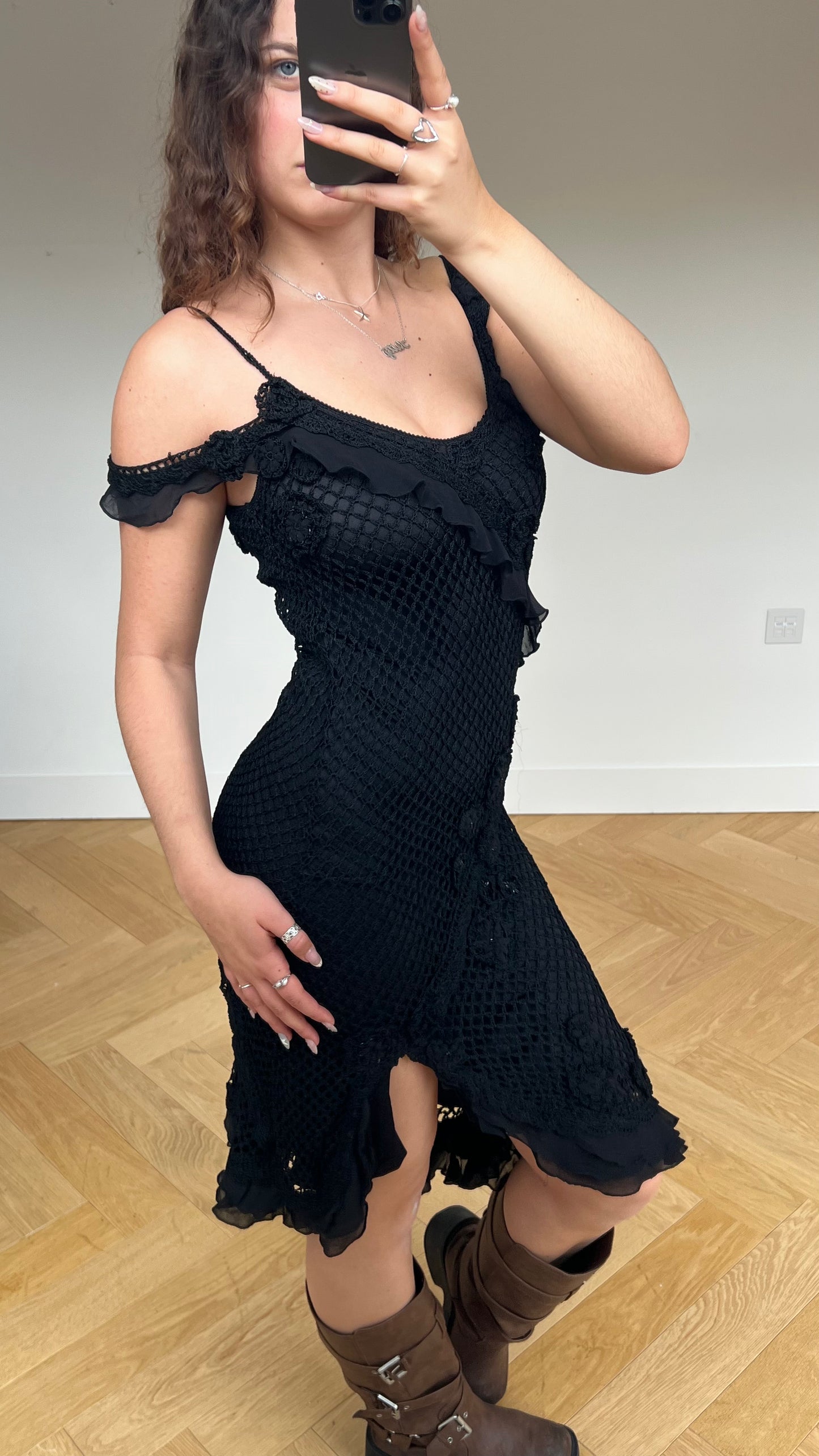 00s black crochet midi dress- size S