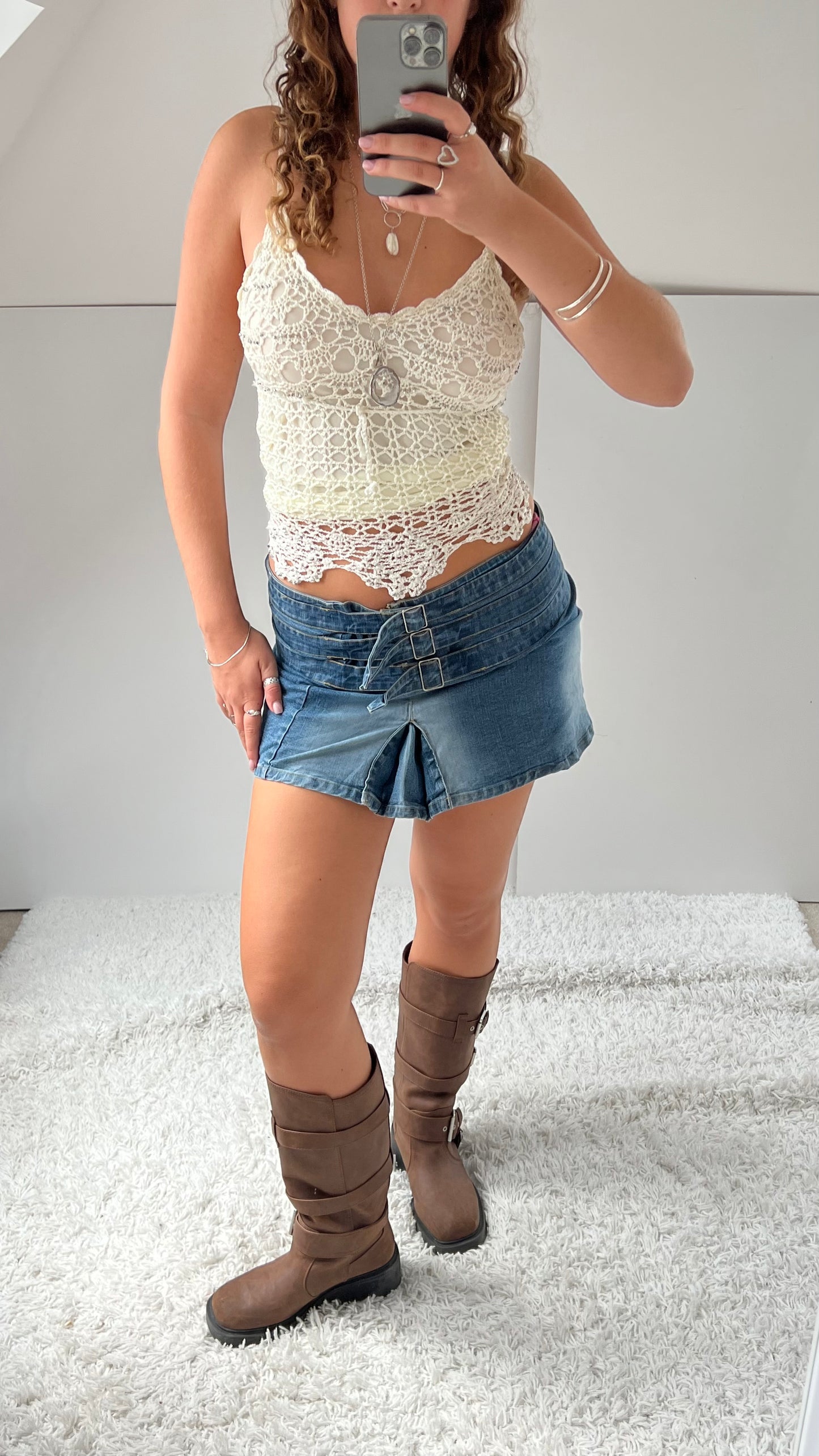 00s denim buckle mini skirt- size M