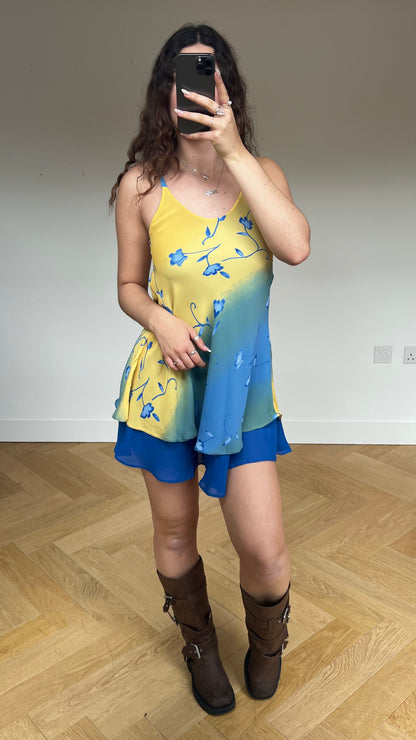 00s blue yellow slip dress- size M