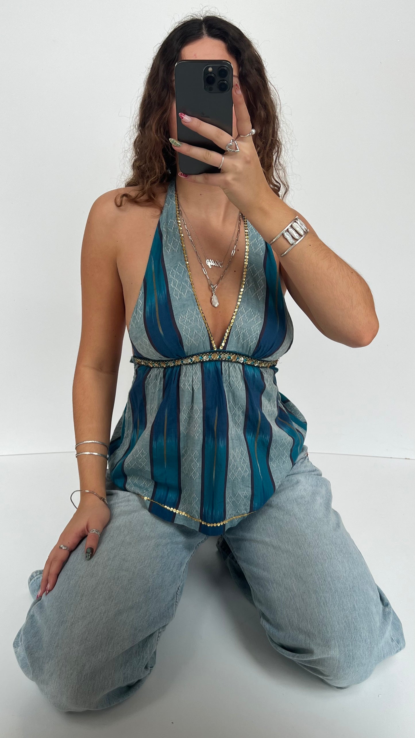 00s blue sequin halter cami- size XS