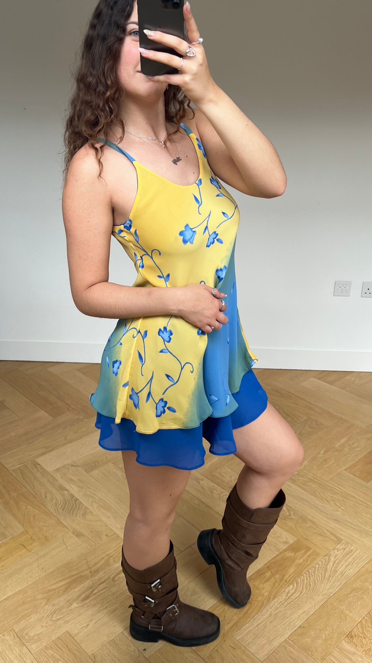 00s blue yellow slip dress- size M