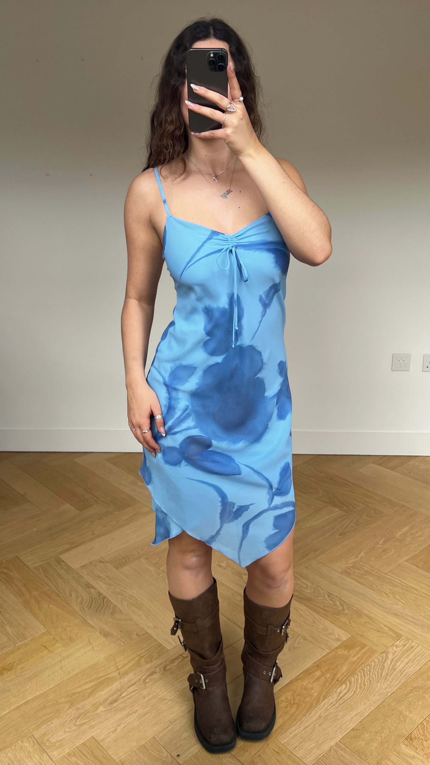 00s blue floral midi dress- size S/M
