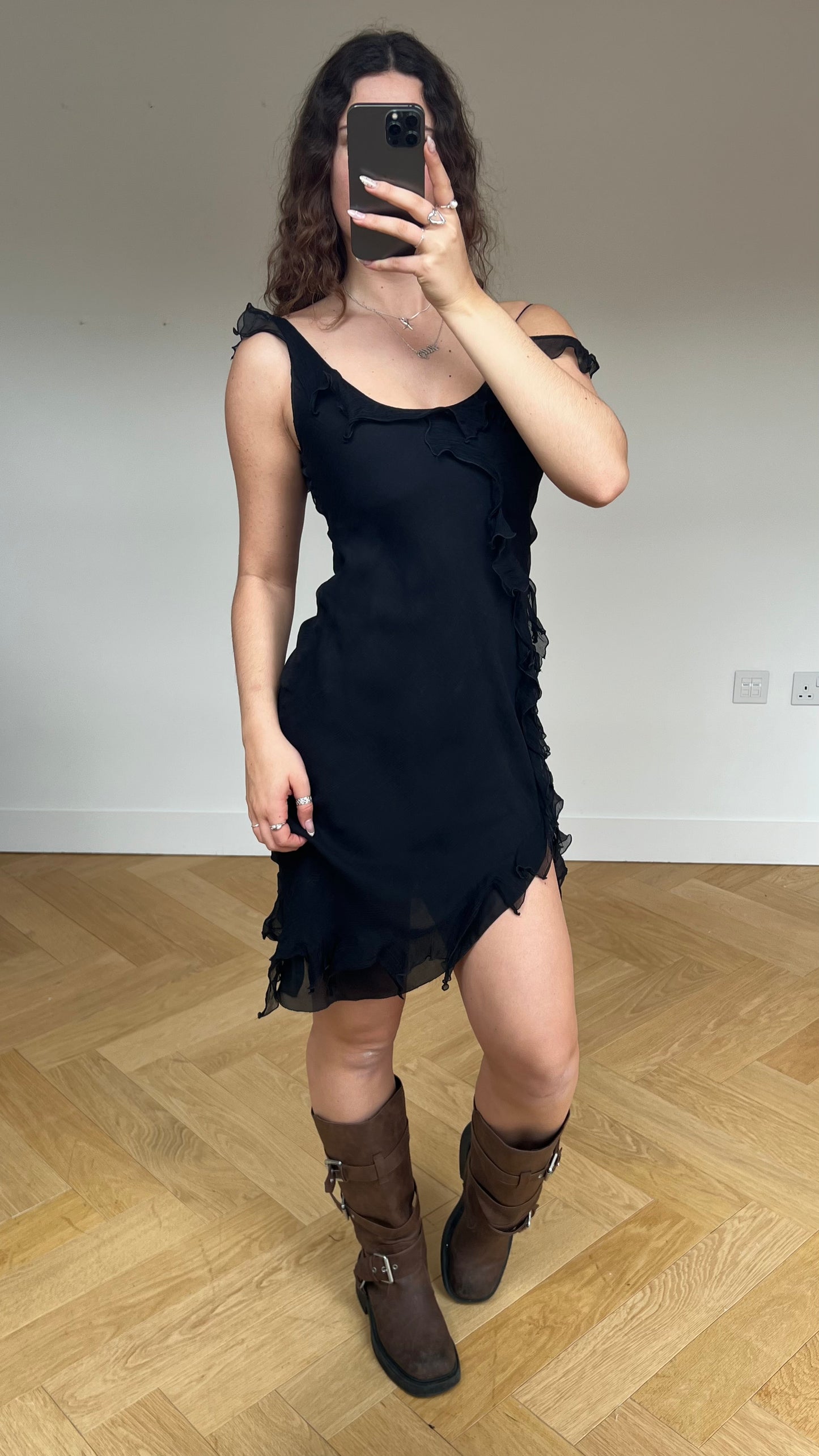 00s black silk midi dress- size S