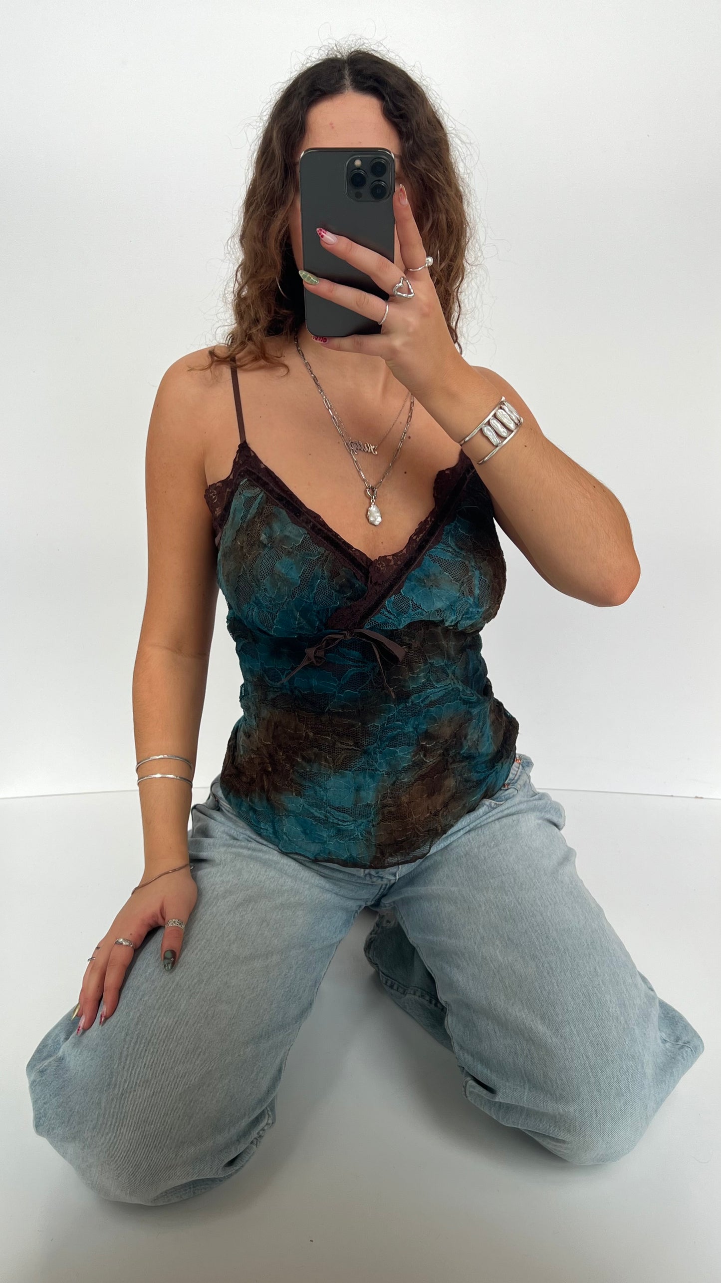 00s blue brown lace cami- size M