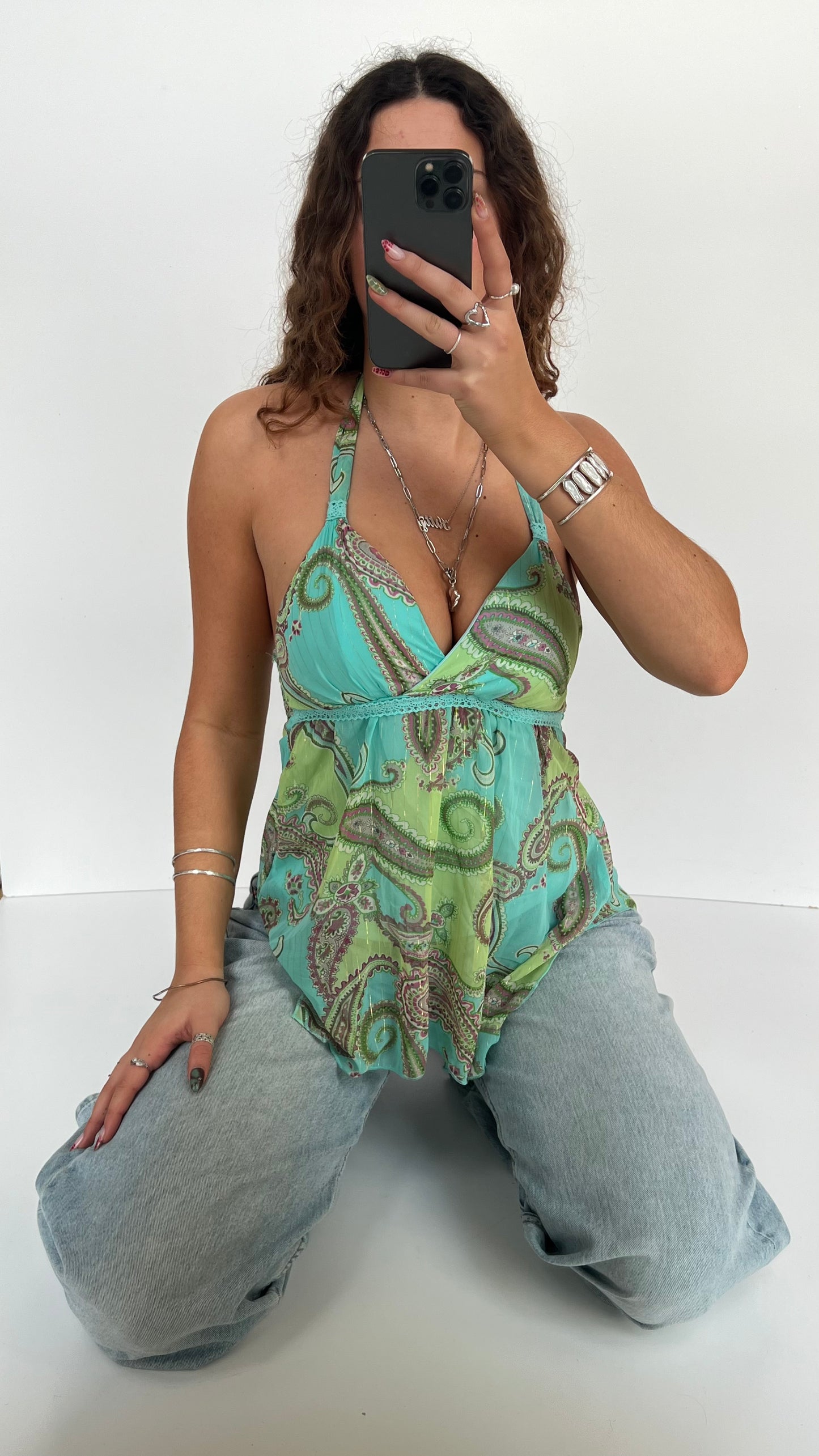 00s green paisley mesh cami- size S