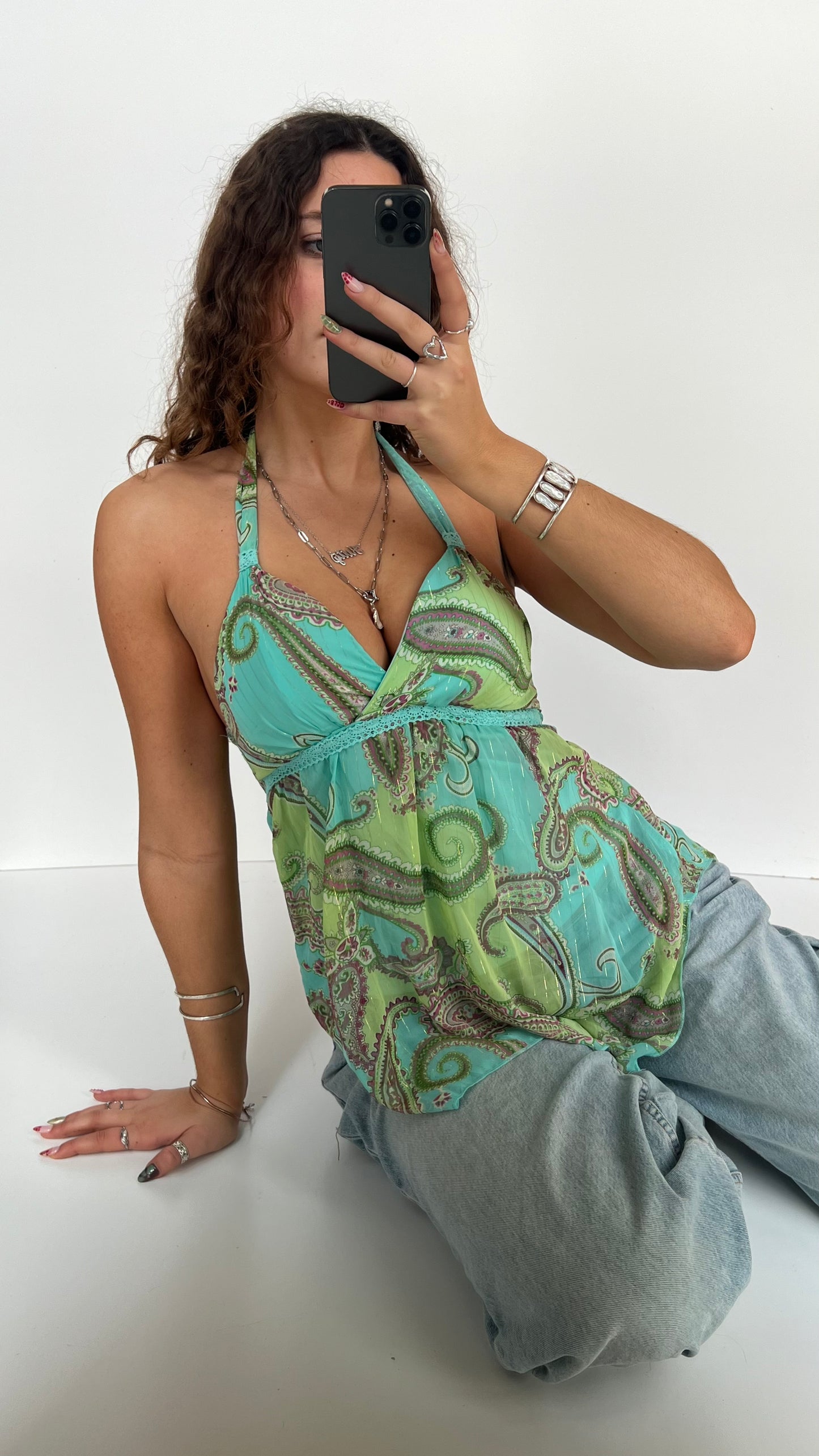 00s green paisley mesh cami- size S