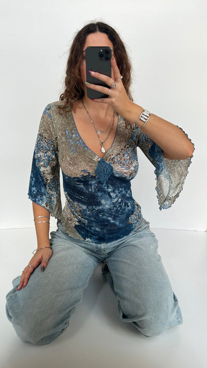 00s blue mesh long sleeve top- size S