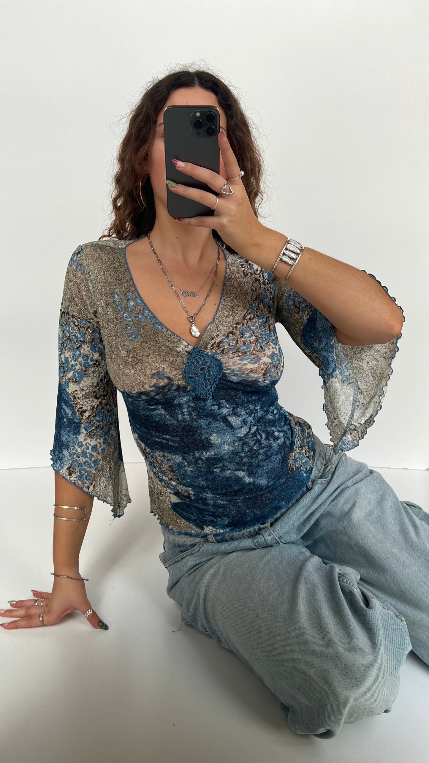 00s blue mesh long sleeve top- size S