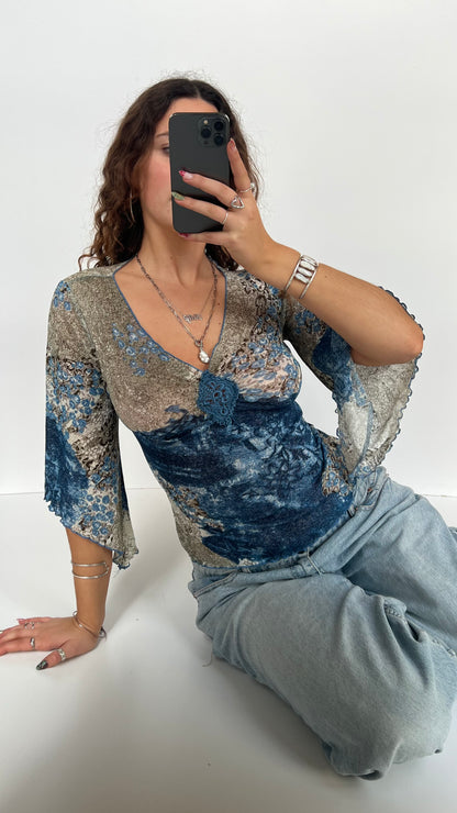 00s blue mesh long sleeve top- size S