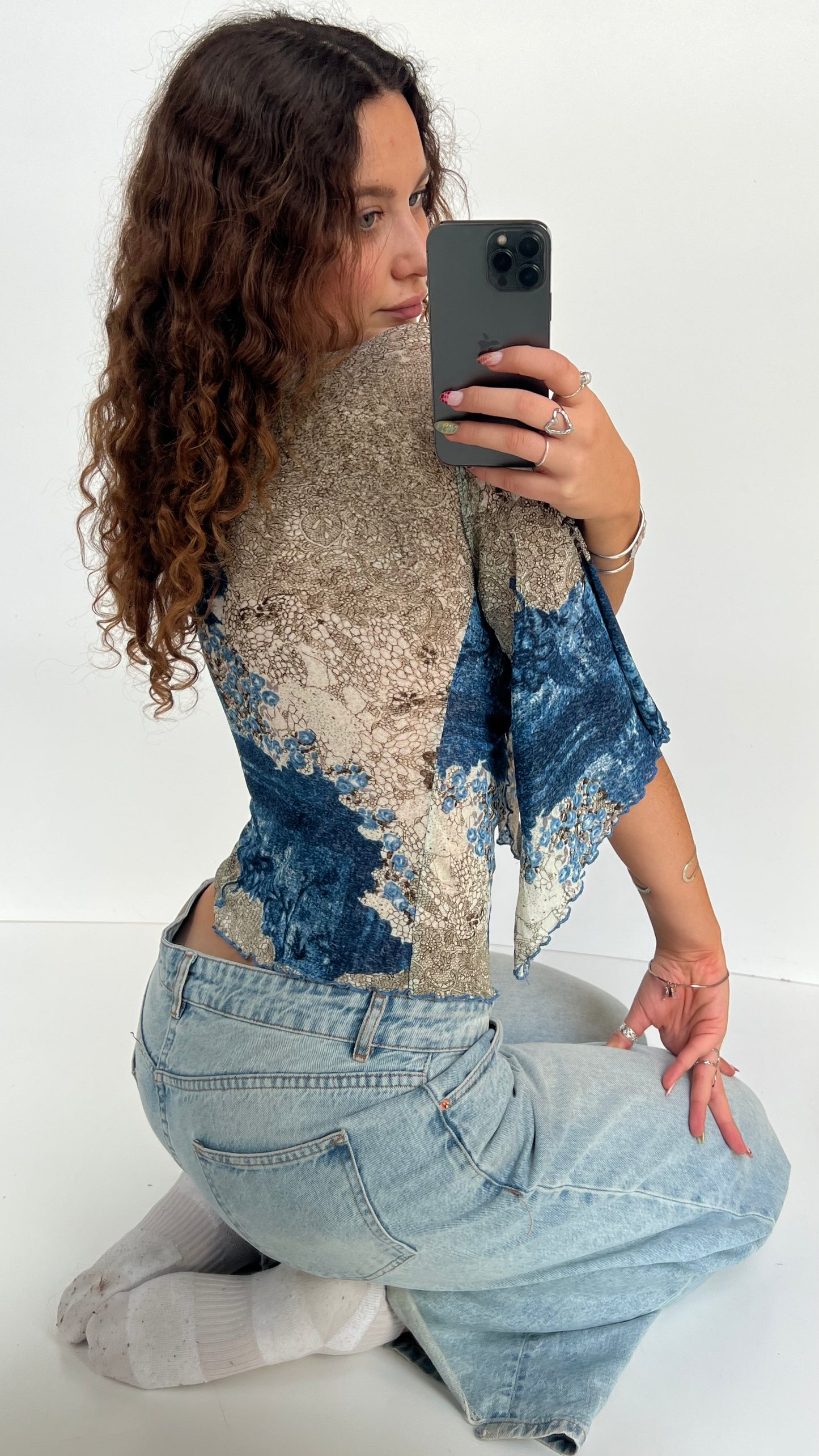 00s blue mesh long sleeve top- size S