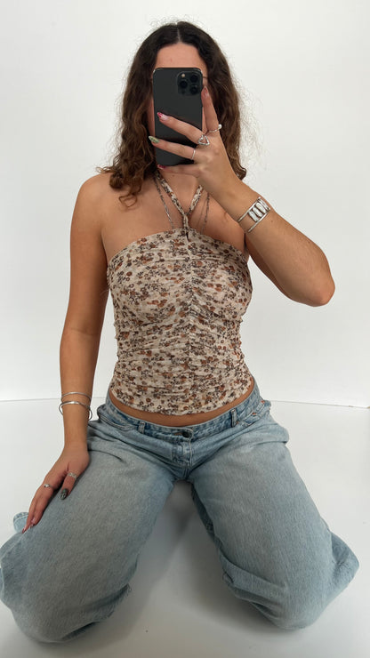 00s cream floral halter top- size S