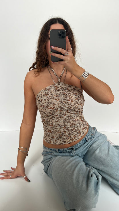 00s cream floral halter top- size S
