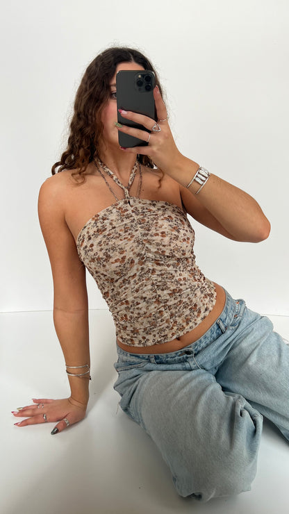 00s cream floral halter top- size S