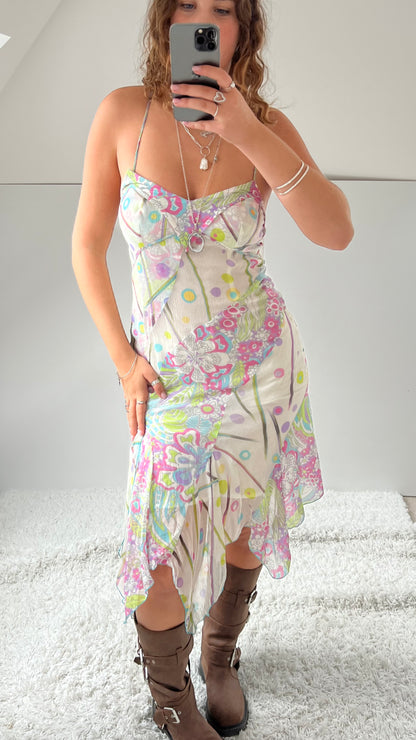 00s cream pink floral silk midi dress- size S
