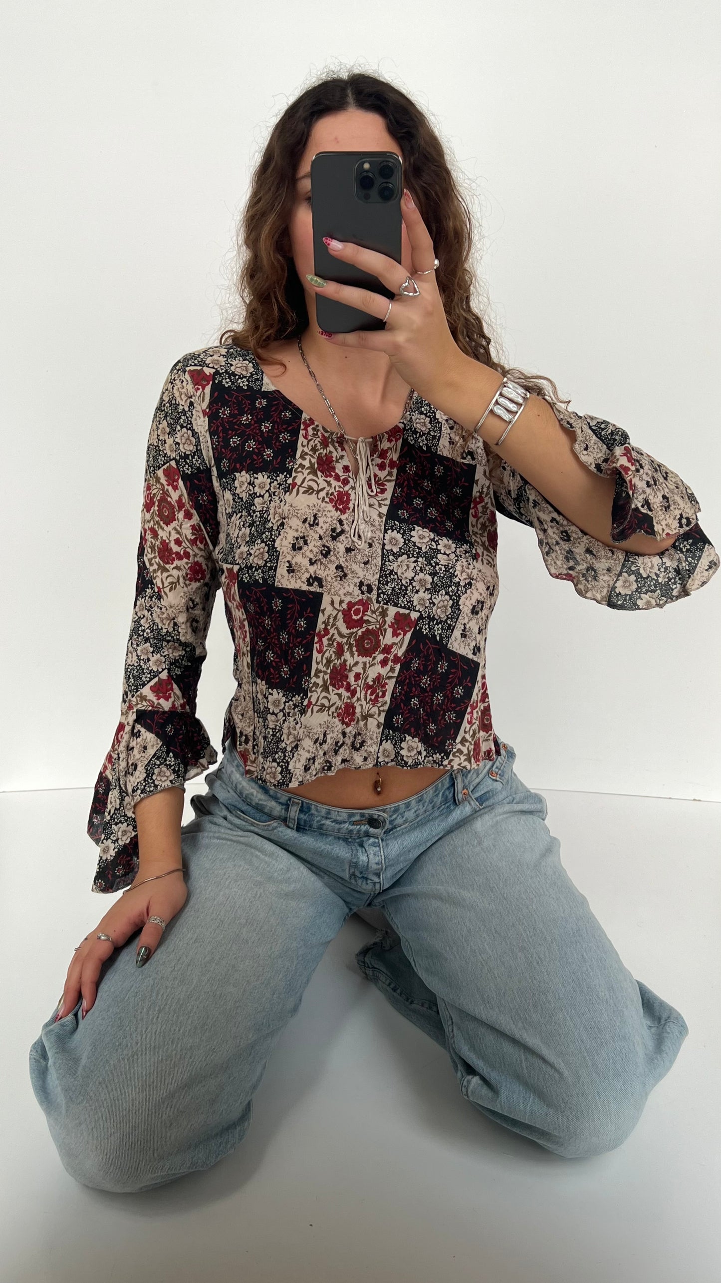 00s red floral long sleeve top- size L